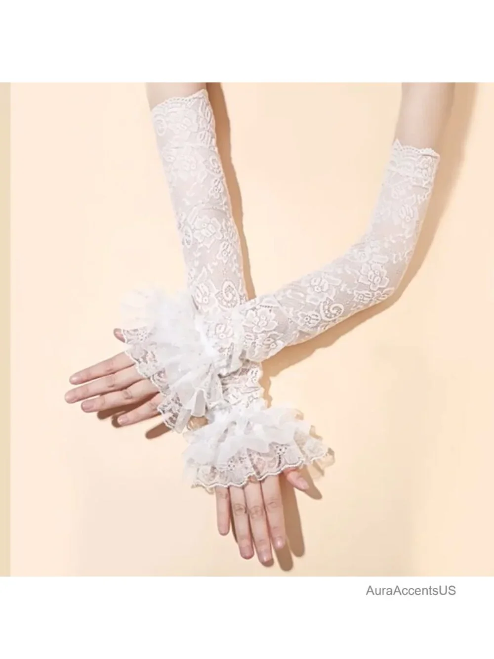 Fingerless Lace Gloves Ruffle Mesh Elbow Opera Masquerade